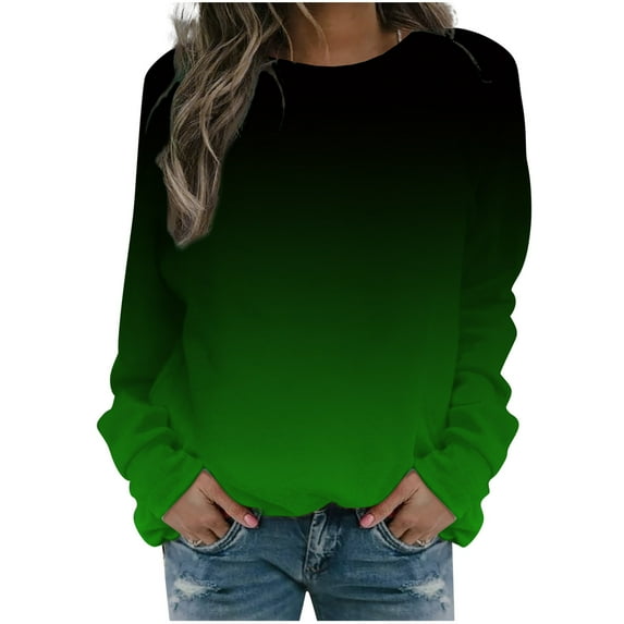 IROINNID Women's Long Sleeve Sweatshirt Round Neck Mid-Length Gradient Casual Tops Sweatshirt, Green