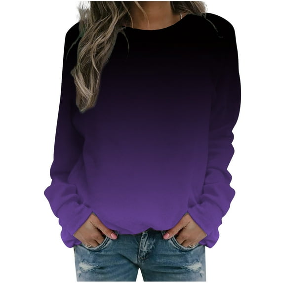 IROINNID Women's Long Sleeve Sweatshirt Round Neck Mid-Length Gradient Casual Tops Sweatshirt, Purple