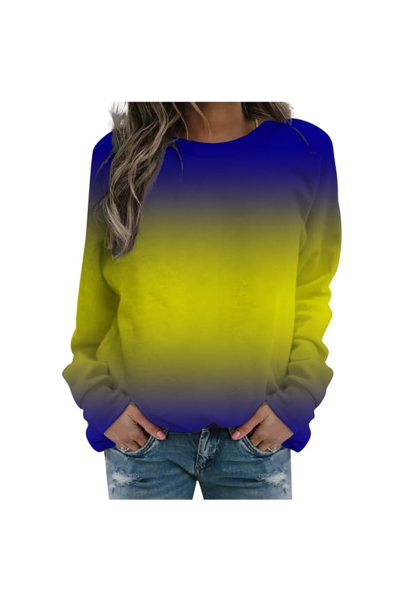 Women's Long Sleeve Sweatshirt Round Neck Mid-Length Gradient Loose Tops Sweatshirt, Yellow