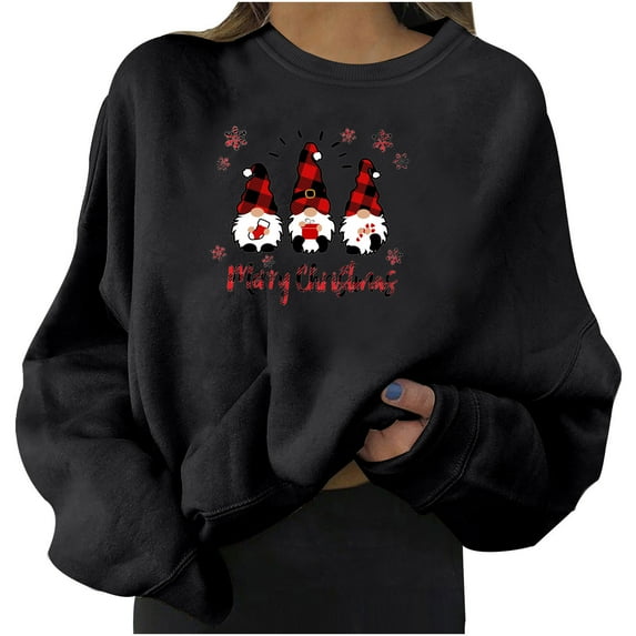 IROINNID Women's Long Sleeve Sweatshirt Round Neck Mid-Length Leisure Christmas Print Pullover Sweater, Black