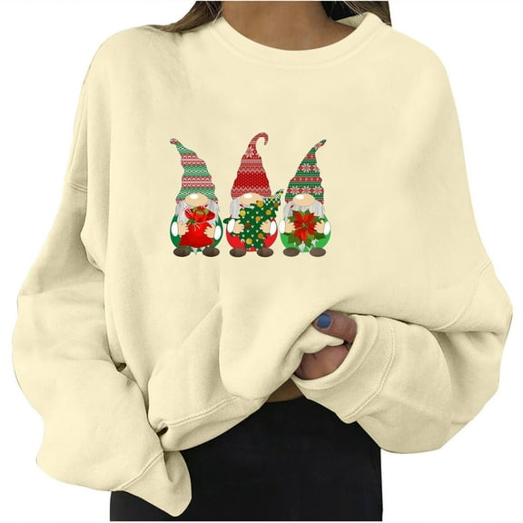IROINNID Women's Long Sleeve Sweatshirt Round Neck Mid-Length Loose Christmas Print Pullover Sweater, Beige