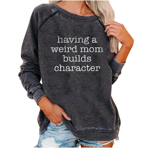 IROINNID Women's Long Sleeve Sweatshirt Round Neck Mid-Length Print Casual Full Sleeve Tops Shirts Letter Sweatshirt, Dark Gray