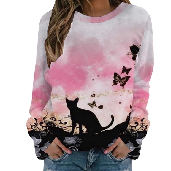 IROINNID Women's Long Sleeve Sweatshirt Round Neck Mid-Length Print Comfy Shirts Cat Tops Regular Pullover, Pink