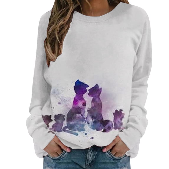 IROINNID Women's Long Sleeve Sweatshirt Round Neck Mid-Length Print Comfy Shirts Cat Tops Regular Pullover, Purple