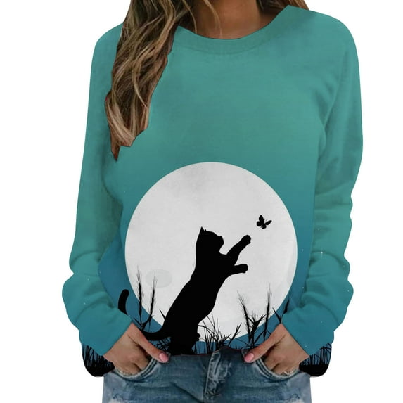 IROINNID Women's Long Sleeve Sweatshirt Round Neck Mid-Length Print Leisure Shirts Cat Tops Regular Pullover, Green