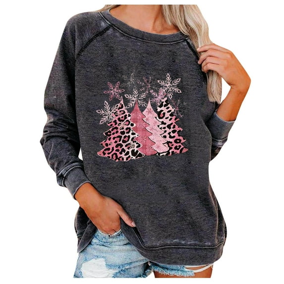 IROINNID Women's Long Sleeve Sweatshirt Round Neck Mid-Length Print Loose Breathable Oversized Sweatshirt, Dark Gray