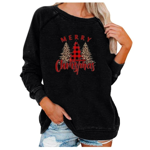 IROINNID Women's Long Sleeve Sweatshirt Round Neck Mid-Length Print Loose Breathable Sweatshirt, Black