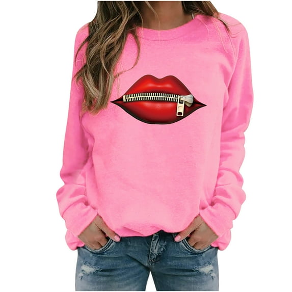 IROINNID Women's Long Sleeve Sweatshirt Round Neck Mid-Length Print Loose Ladies Zipper Lip Sweatshirt, Pink