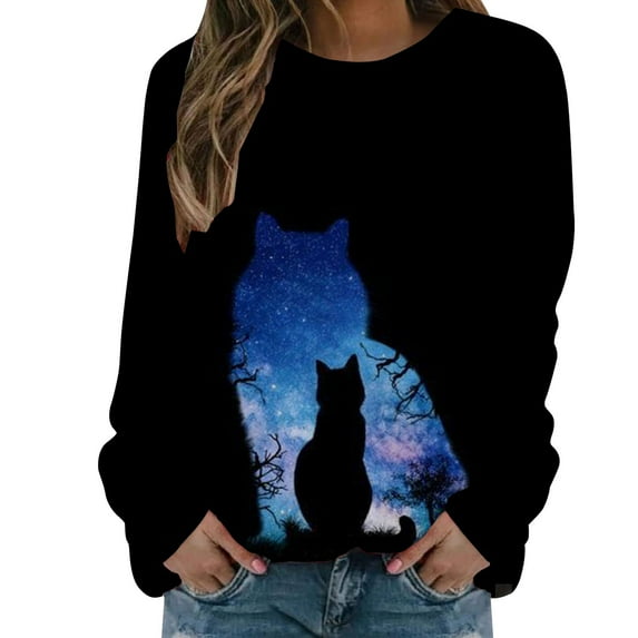 IROINNID Women's Long Sleeve Sweatshirt Round Neck Mid-Length Print Loose Shirts Cat Tops Regular Pullover, Black