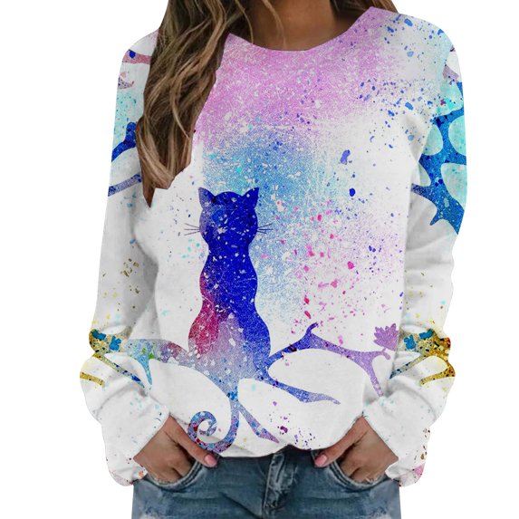 IROINNID Women's Long Sleeve Sweatshirt Round Neck Mid-Length Print Loose Shirts Cat Tops Regular Pullover, Blue