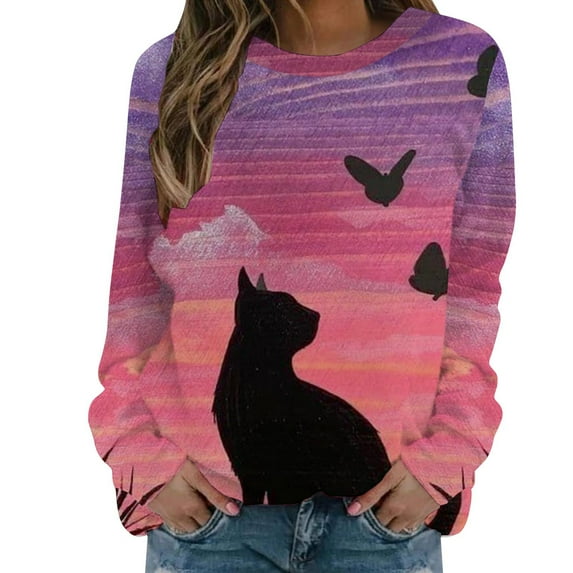 IROINNID Women's Long Sleeve Sweatshirt Round Neck Mid-Length Print Loose Shirts Cat Tops Regular Pullover, Pink