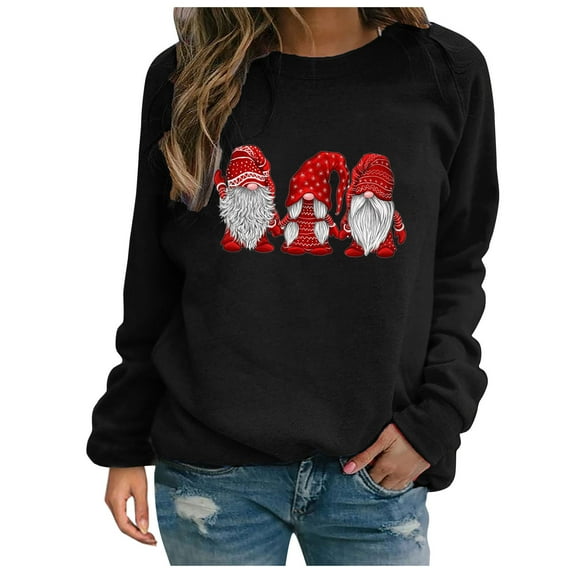 IROINNID Women's Long Sleeve Sweatshirt Round Neck Mid-Length Stylish Christmas Print Pullover Sweatshirt, Black