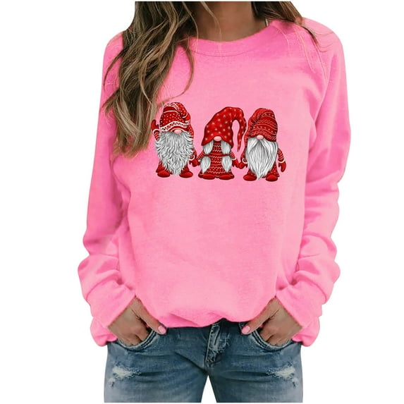 IROINNID Women's Long Sleeve Sweatshirt Round Neck Mid-Length Stylish Christmas Print Pullover Sweatshirt, Pink