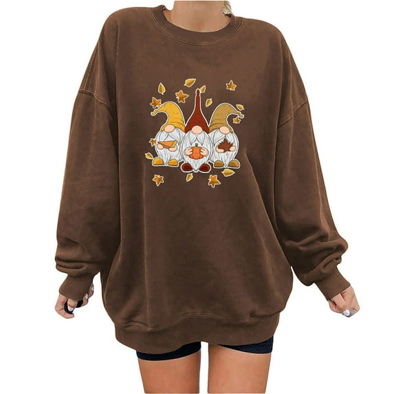 IROINNID Women's Long Sleeve Sweatshirt Round Neck Thigh-Length Print Loose Thanksgiving Pullover Tops Sweatshirt, Coffee