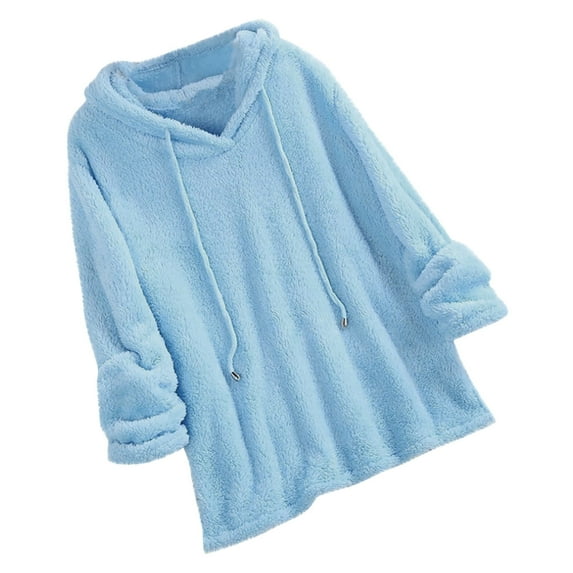 IROINNID Women's Long Sleeve Sweatshirt Thigh-Length Solid Color Stylish Warm Plush Drawstring Winter Tops, Blue