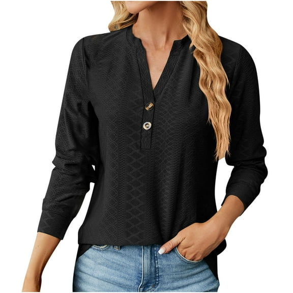 IROINNID Women's Long Sleeve V-Neck Shirts Comfortable Autumn/Winter Solid Color V-Neck Button-Up Loose Long Sleeve T-Shirt Top Long Sleeve V-Neck Top/Shirt,Black