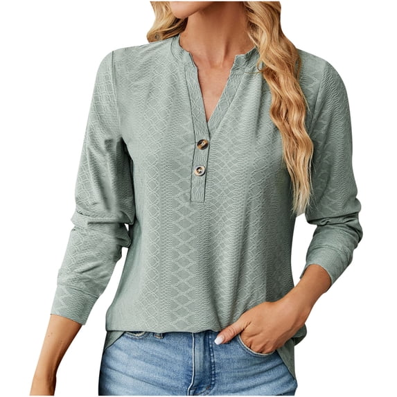 IROINNID Women's Long Sleeve V-Neck Shirts Comfortable Autumn/Winter Solid Color V-Neck Button-Up Loose Long Sleeve T-Shirt Top Long Sleeve V-Neck Top/Shirt,Green