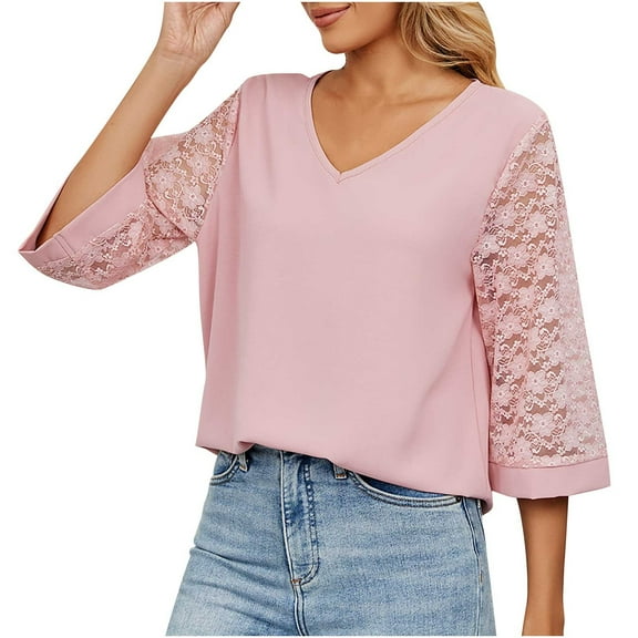 IROINNID Women's Long Sleeve V-Neck Shirts Comfy Printed Loose T-shirt 3/4 Sleeves Blouse V- Neck Tops,Pink