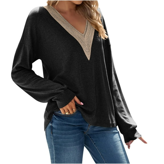 IROINNID Women's Long Sleeve V-Neck Shirts Comfy Spring Summer Long Sleeve V-Neck Blouses & Shirts,Black