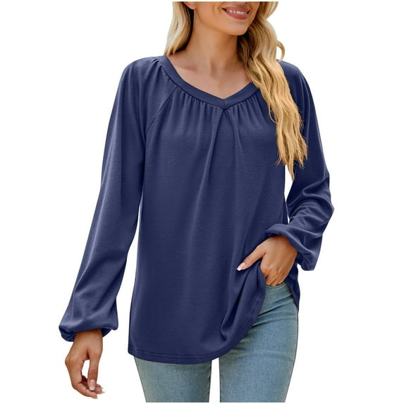 IROINNID Women's Long Sleeve V-Neck Shirts Cool Shirts for Women Casual Solid V-Neck Pleated Long Sleeve Loose T-shirt Top,Blue
