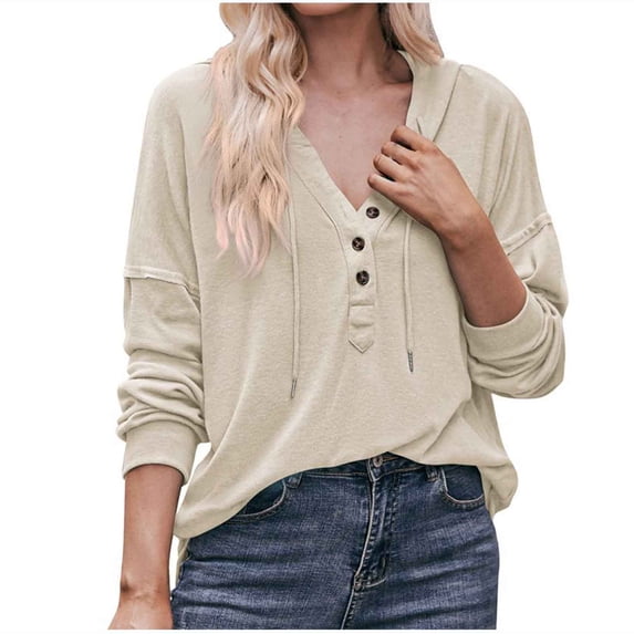 IROINNID Women's Long Sleeve V-Neck Shirts Cotton Shirts for Women Leisure Solid V-Neck Button Long Sleeved Hoodie Top,Beige