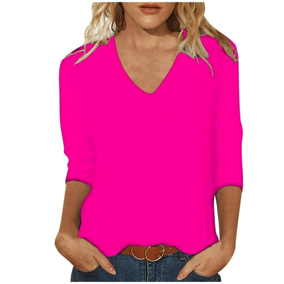 IROINNID Women's Long Sleeve V-Neck Shirts Leisure Solid Color Loose T-shirt 3/4 Sleeves Blouse V-Neck Tops,Hot Pink