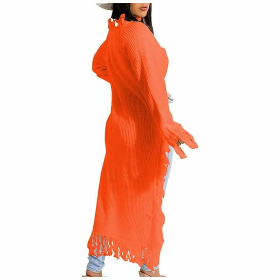 IROINNID Women's Long Trench Coat Round Neckline Solid Color Long Sleeve Sweater Casual Tassel Long Sweater Knit Pullover Winter Tops, Orange