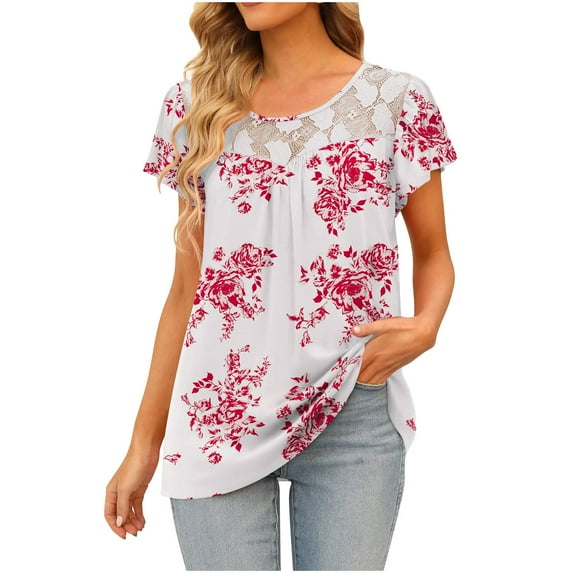 IROINNID Women's Loose Lace Fashion Printed T-shirt Short Sleeves Blouse Round-Neck Tops Spring