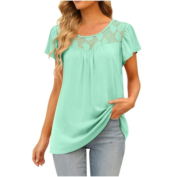 IROINNID Women's Loose Lace Fashion Printed T-shirt Short Sleeves Blouse Round-Neck Tops