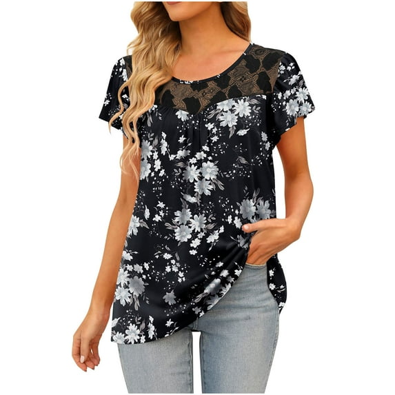IROINNID Women's Loose Lace Fashion Printed T-shirt Short Sleeves Blouse Round-Neck Tops