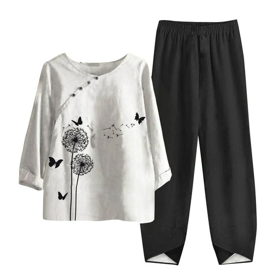 IROINNID Women's Loose Printed Half Sleeve Round Neck Breathable Cotton and Linen Top + Elastic Oversize Comfy Pants Suit, Two Piece Set