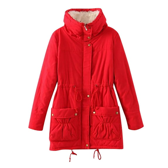 IROINNID Women's Mid-Length Anorak Jacket Coat Solid Color Long Sleeve Buttons Pockets Coat Plus Fleece Jacket Outwear Top, Red