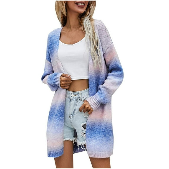 IROINNID Women's Mid-Length Cardigan Coat Gradient Long Sleeve Casual Long Cardigan Coat Sweater Outerwear, Blue