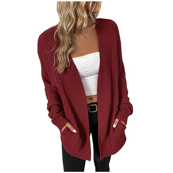 IROINNID Women's Mid-Length Cardigan Solid Color Jacket Long Sleeve Casual Pockets Casual Cardigan, Wine