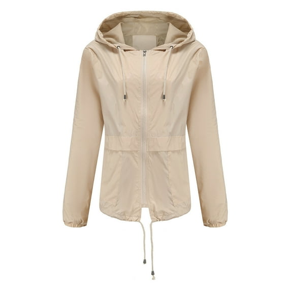IROINNID Women's Mid-Length Hoodie Overcoat Coat Solid Color Long Sleeve Warm Rain Jacket Outdoor Jackets Waterproof Raincoat Windproof, Beige