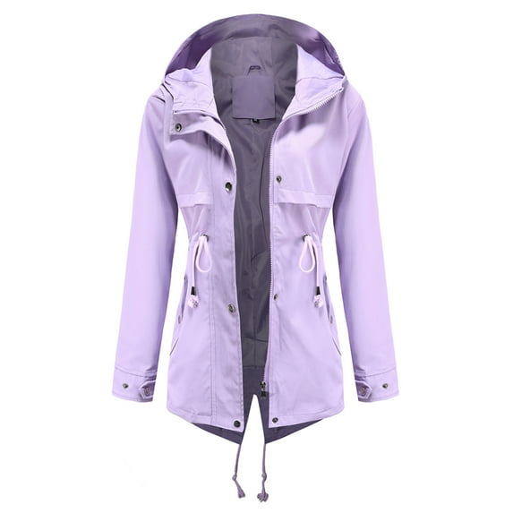 IROINNID Women's Mid-Length Hoodie Overcoat Jacket Solid Color Long Sleeve Warm Rain Jacket Outdoor Jackets Waterproof Raincoat Windproof, Purple