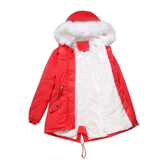 IROINNID Women's Mid-Length Hoodie Parka Coat Solid Color Long Sleeve Warm Winter Long Coat Jacket Slim Outwear, Red