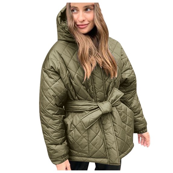 IROINNID Women's Mid-Length Hoodie Puffer Jacket Solid Color Long Sleeve Winter Jacket Warm Overcoat Slim Zipper Thicker Coat Outwear, Army Green