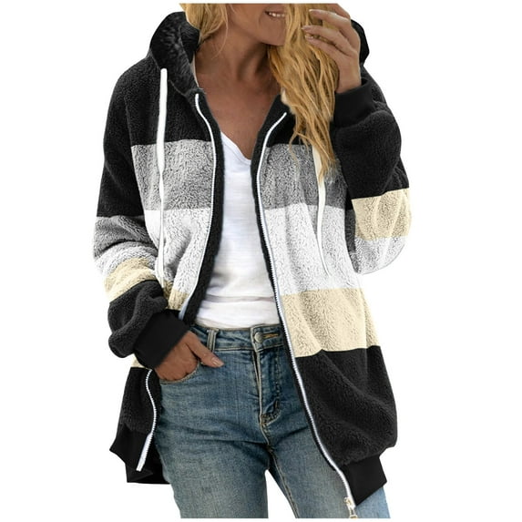 IROINNID Women's Mid-Length Hoodie Shearling Jacket Contrast Color Long Sleeve Loose Zipper Pullover Tops Sweatshirt, Black