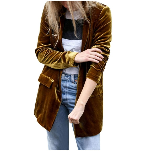 IROINNID Women's Mid-Length Open Front Jacket Solid Color Long Sleeve Casual Button Winter Turndown Outerwear, Yellow