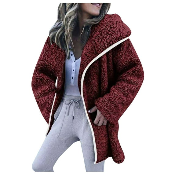 IROINNID Women's Mid-Length Shearling Coat Solid Color Long Sleeve Loose Warm Coat Cardigan Winter Outerwear, Wine