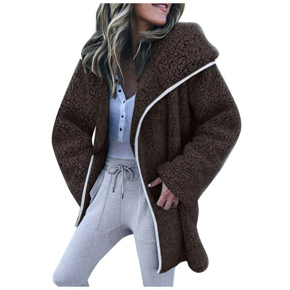 IROINNID Women's Mid-Length Shearling Jacket Solid Color Long Sleeve Loose Warm Coat Cardigan Winter Outerwear, Coffee