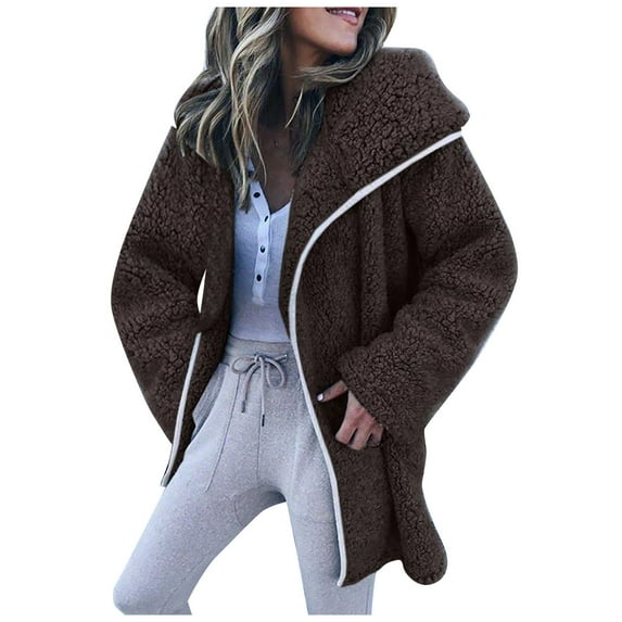 IROINNID Women's Mid-Length Shearling Jacket Solid Color Long Sleeve Loose Warm Coat Cardigan Winter Outerwear, Coffee