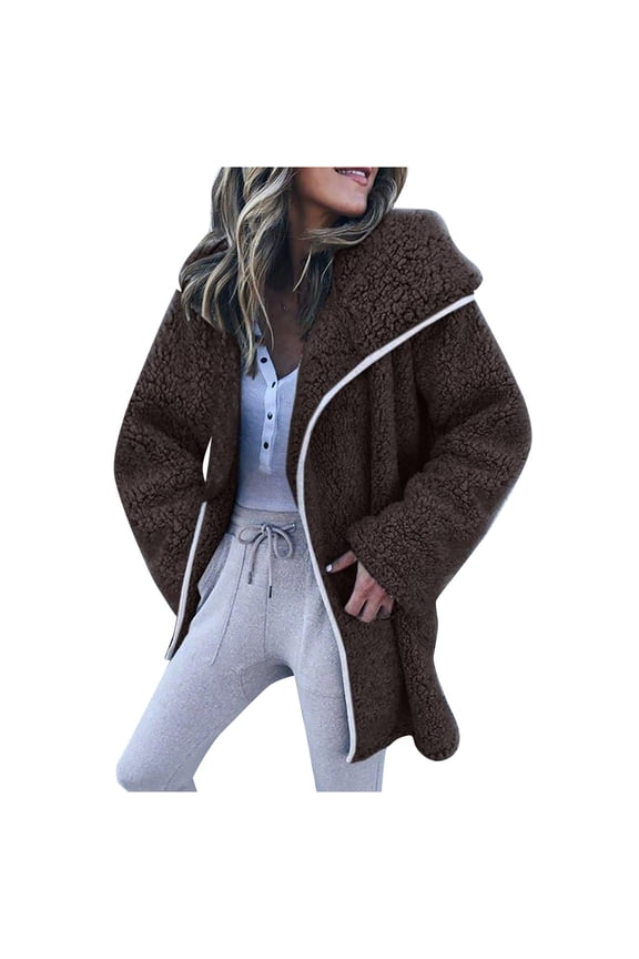 Women's Mid-Length Shearling Jacket Solid Color Long Sleeve Loose Warm Coat Cardigan Winter Outerwear, Coffee