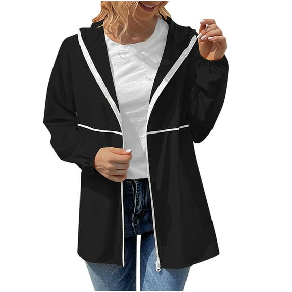 IROINNID Women's Mid-Length Zip Up Jacket Solid Color Long Sleeve Waterproof Outdoor Sports Casual Jacket, Black