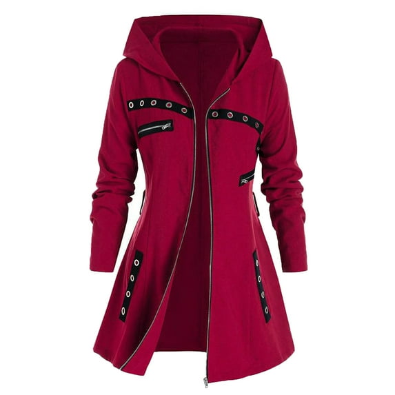 IROINNID Women's Mid-Long Hoodie Overcoat Coat Solid Color Long Sleeve Warm Coat Jacket Winter Zipper Outerwear, Red