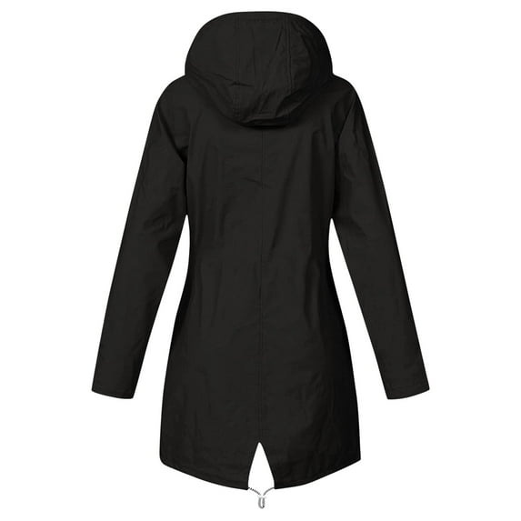 IROINNID Women's Mid-Long Hoodie Parka Coat Solid Color Long Sleeve Casual Outdoor Plus Size Windproof Loose Jacket, Black