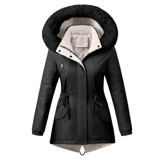 IROINNID Women's Mid-Long Hoodie Parka Coat Solid Color Long Sleeve Casual Winter Drawstring Waist Padded Coat, Black