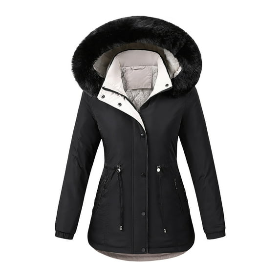 IROINNID Women's Mid-Long Hoodie Parka Coat Solid Color Long Sleeve Casual Winter Zipper Padded Coat, Black