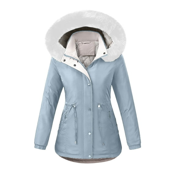 IROINNID Women's Mid-Long Hoodie Parka Coat Solid Color Long Sleeve Casual Winter Zipper Padded Coat, Light Blue
